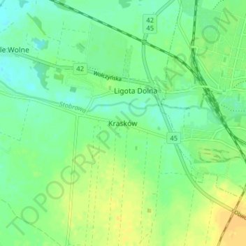Topografische Karte Krasków, Höhe, Relief
