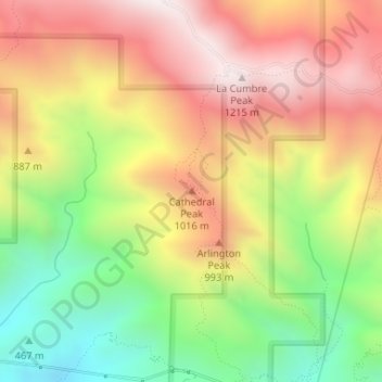 Topografische Karte Cathedral Peak, Höhe, Relief
