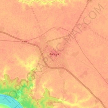 Topografische Karte Auraiya, Höhe, Relief