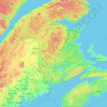 Topografische Karte New Brunswick, Höhe, Relief