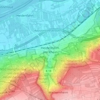 Topografische Karte Heidesheim am Rhein, Höhe, Relief