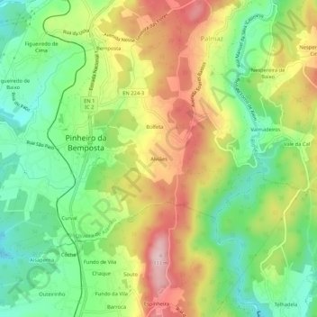 Topografische Karte Alviães, Höhe, Relief