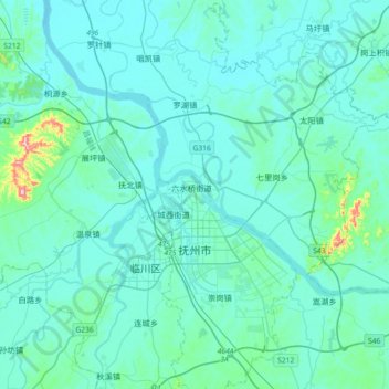 Topografische Karte Fuzhou, Höhe, Relief