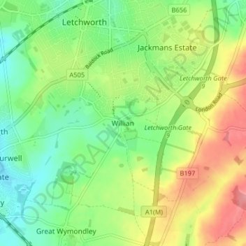 Topografische Karte Willian, Höhe, Relief