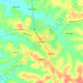 Topografische Karte Luweero, Höhe, Relief