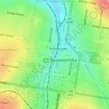 Topografische Karte Toowoomba City, Höhe, Relief