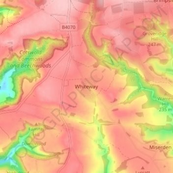 Topografische Karte Whiteway, Höhe, Relief