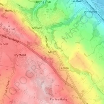 Topografische Karte Milwr, Höhe, Relief