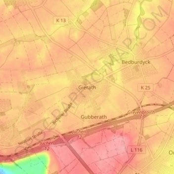 Topografische Karte Gierath, Höhe, Relief