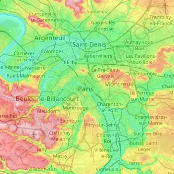 Topografische Karte Paris, Höhe, Relief