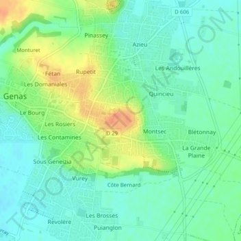 Topografische Karte Fort de Genas, Höhe, Relief