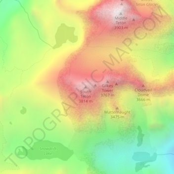 Topografische Karte South Teton, Höhe, Relief