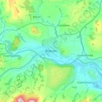 Topografische Karte Brecon, Höhe, Relief