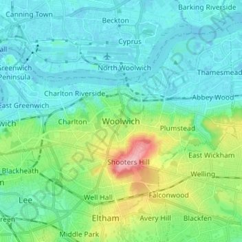 Topografische Karte Woolwich, Höhe, Relief