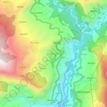 Topografische Karte Guptkashi, Höhe, Relief