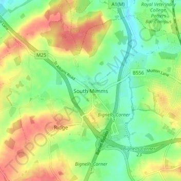 Topografische Karte South Mimms, Höhe, Relief