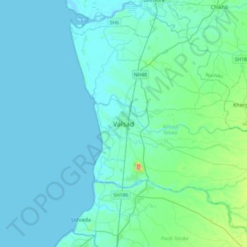 Topografische Karte Valsad, Höhe, Relief