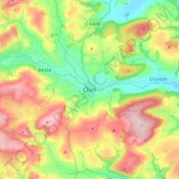 Topografische Karte Clun, Höhe, Relief