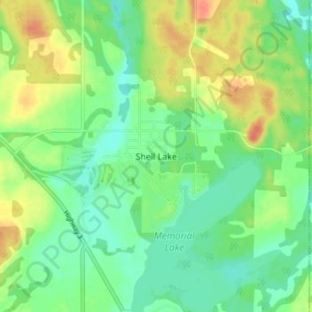 Topografische Karte Shell Lake, Höhe, Relief