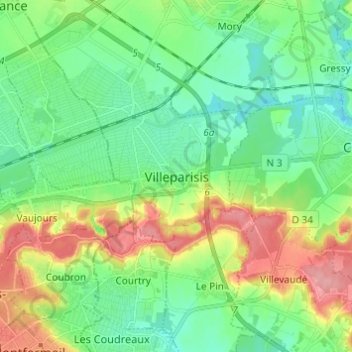 Topografische Karte Villeparisis, Höhe, Relief