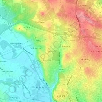 Topografische Karte Les Fez, Höhe, Relief
