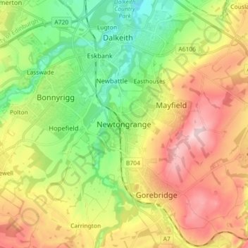 Topografische Karte Newtongrange, Höhe, Relief