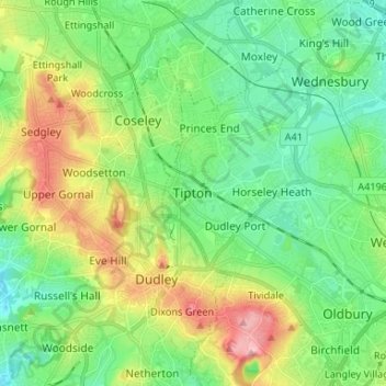 Topografische Karte Tipton, Höhe, Relief