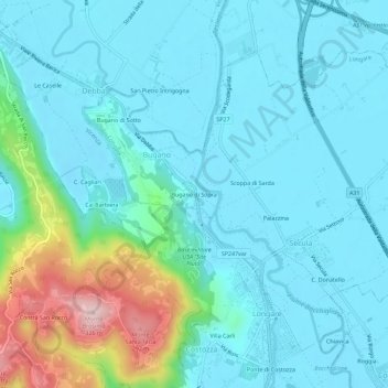 Topografische Karte Bugano di Sopra, Höhe, Relief