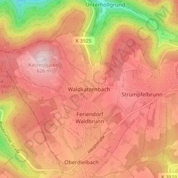 Topografische Karte Waldkatzenbach, Höhe, Relief