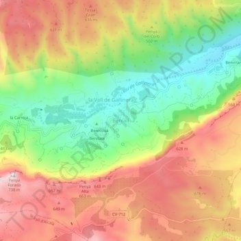 Topografische Karte Benialí, Höhe, Relief