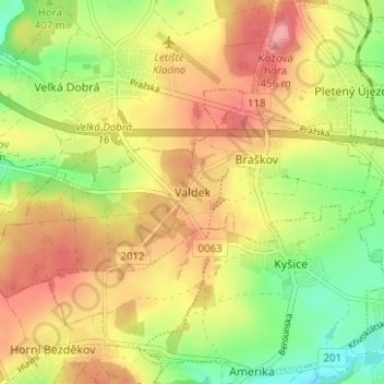 Topografische Karte Waldek, Höhe, Relief