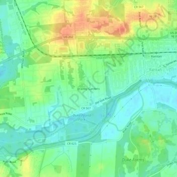 Topografische Karte Bradley Gardens, Höhe, Relief