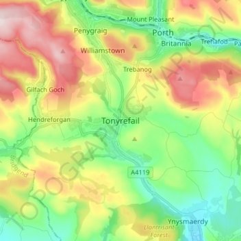Topografische Karte Tonyrefail, Höhe, Relief