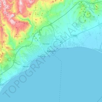 Topografische Karte Mersin, Höhe, Relief