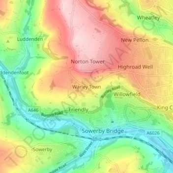Topografische Karte Warley Town, Höhe, Relief