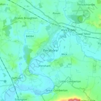 Topografische Karte Pershore, Höhe, Relief