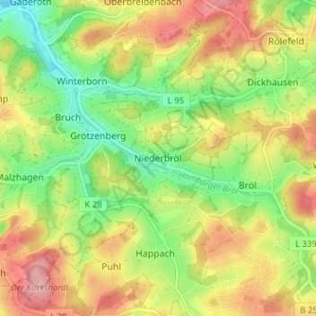 Topografische Karte Niederbröl, Höhe, Relief
