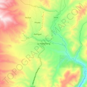 Topografische Karte Lo Manthang, Höhe, Relief