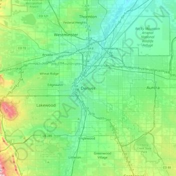 Topografische Karte Denver, Höhe, Relief