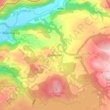 Topografische Karte Gellilydan, Höhe, Relief