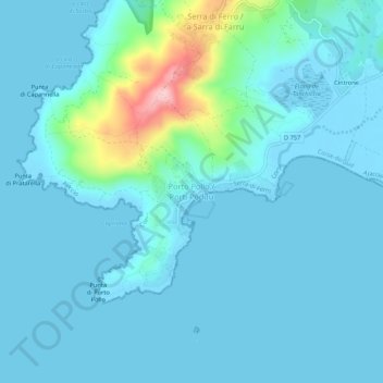 Topografische Karte Porto Pollo, Höhe, Relief