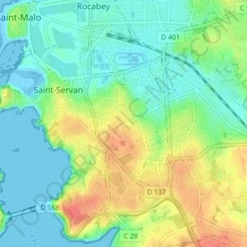 Topografische Karte Bellevue, Höhe, Relief