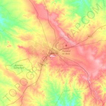 Topografische Karte Gweru, Höhe, Relief