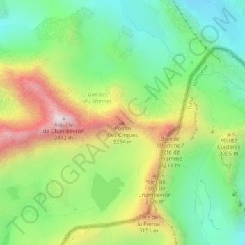 Topografische Karte Pointe des Cirques, Höhe, Relief