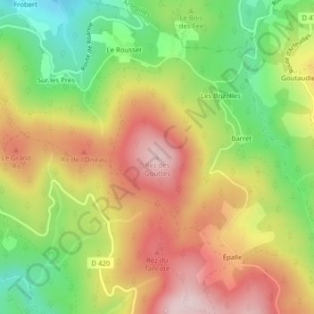 Topografische Karte Rez des Gouttes, Höhe, Relief