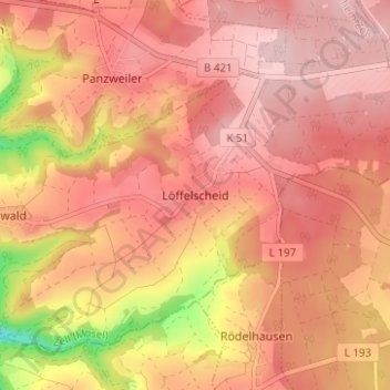 Topografische Karte Löffelscheid, Höhe, Relief