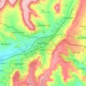 Topografische Karte Honiton, Höhe, Relief