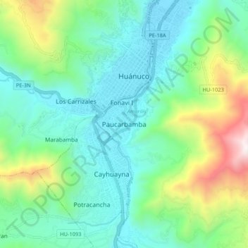 Topografische Karte Paucarbamba, Höhe, Relief