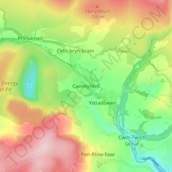 Topografische Karte Cwmllynfell, Höhe, Relief