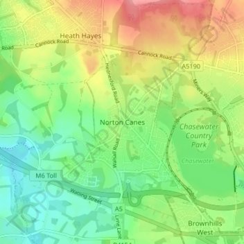 Topografische Karte Norton Canes, Höhe, Relief